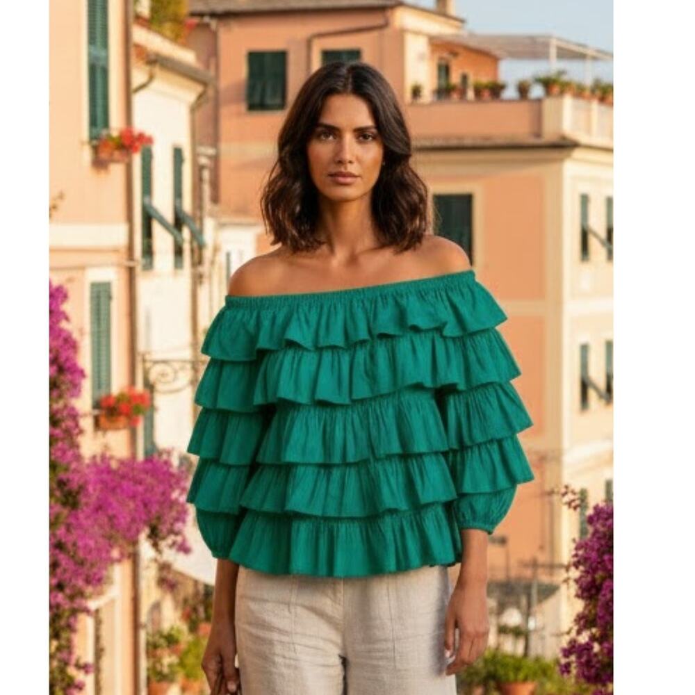 Merlette Galapagos Ruffle Off Shoulder Top XS Green NWT